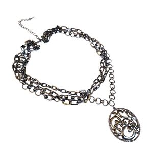 3 Multi Layer Chain Necklace with Filigree Pendant Bohemian Norse Silver Plated